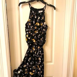 Cropped pant, wide-leg black/floral jumpsuit.